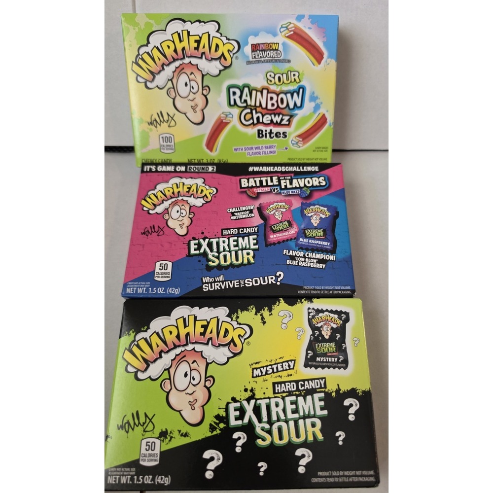 Warheads Sour Candy Bundle 3 Boxes Rainbow Chewz Bites Mystery & Battle Flavors